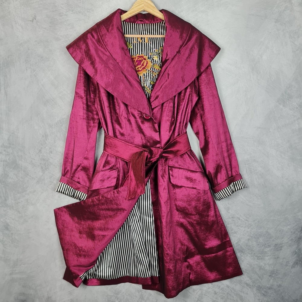 Mycra Pac Coat Womens M/L Pink Shiny Taffeta Trench Rain Embroidered Lining